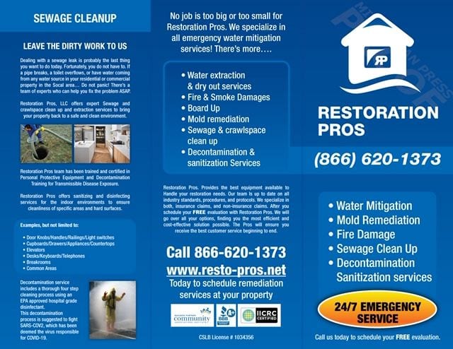 A brochure for restoration pros says sewage cleanup leave the dirty work to us