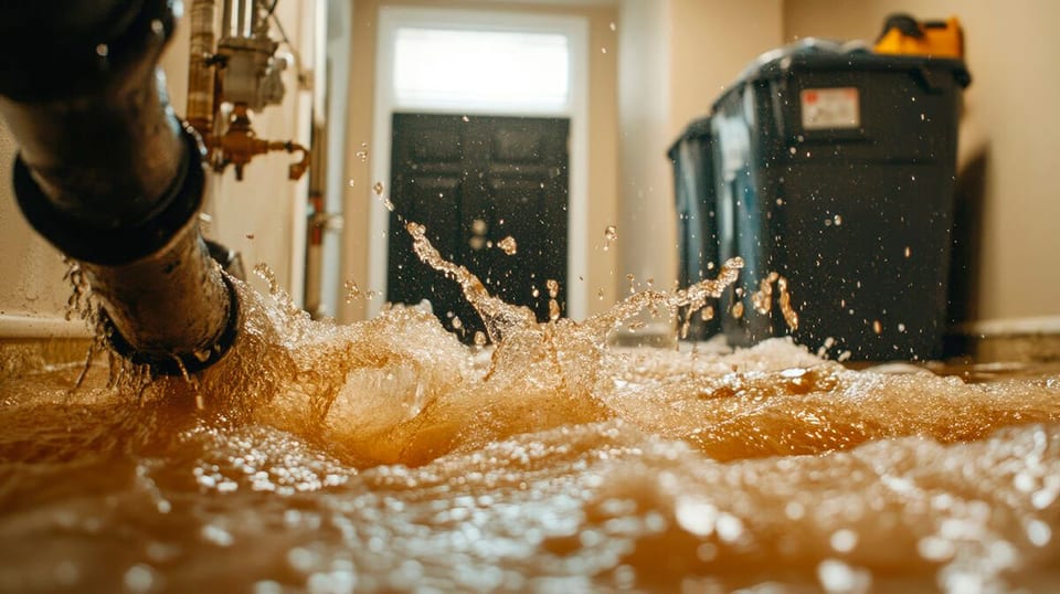 A pipe is leaking water into a basement.