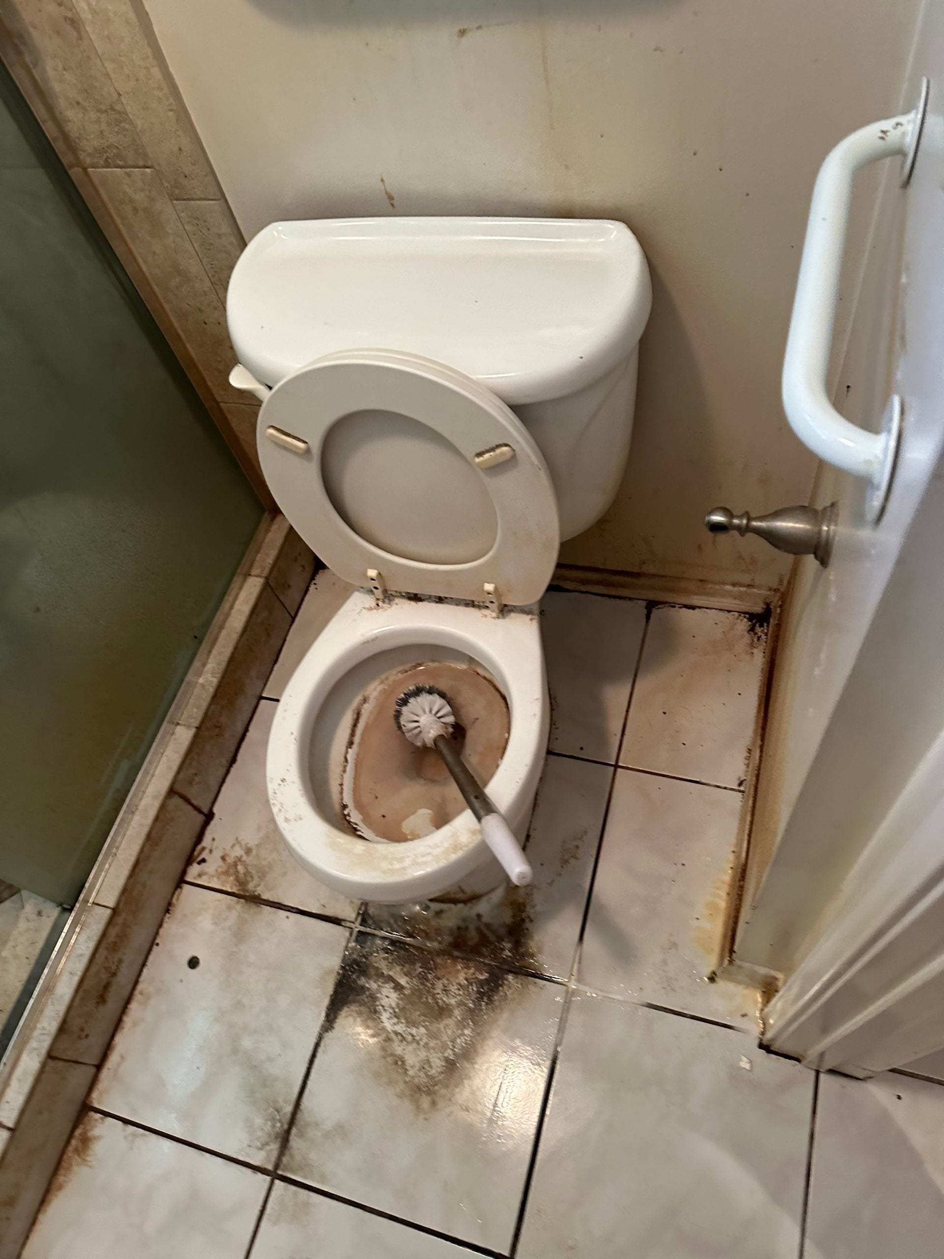 A toilet with a brush in it in a bathroom in Huntington Beach.
