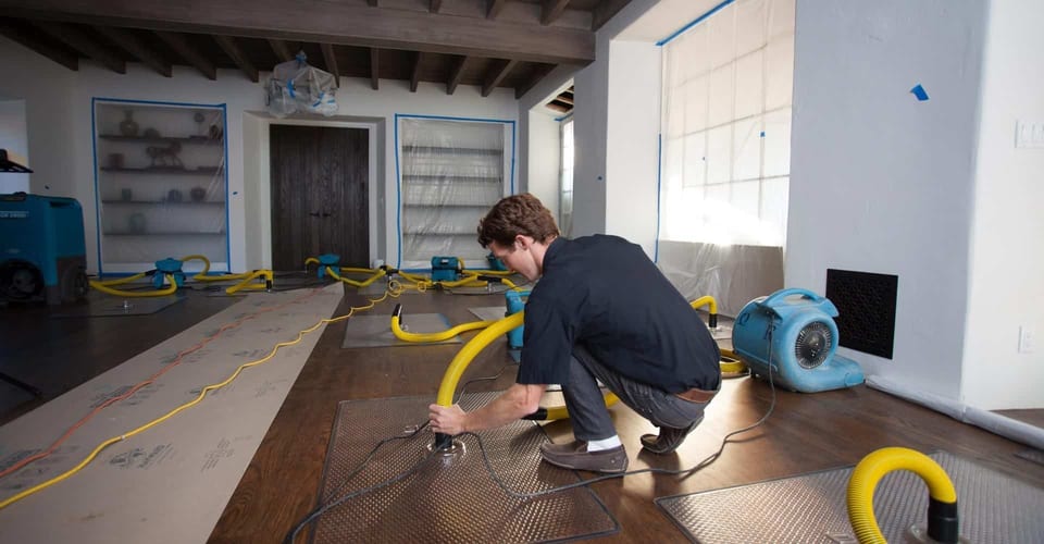 Technician running yellow drying hoses across a hardwood floor with air movers nearby.