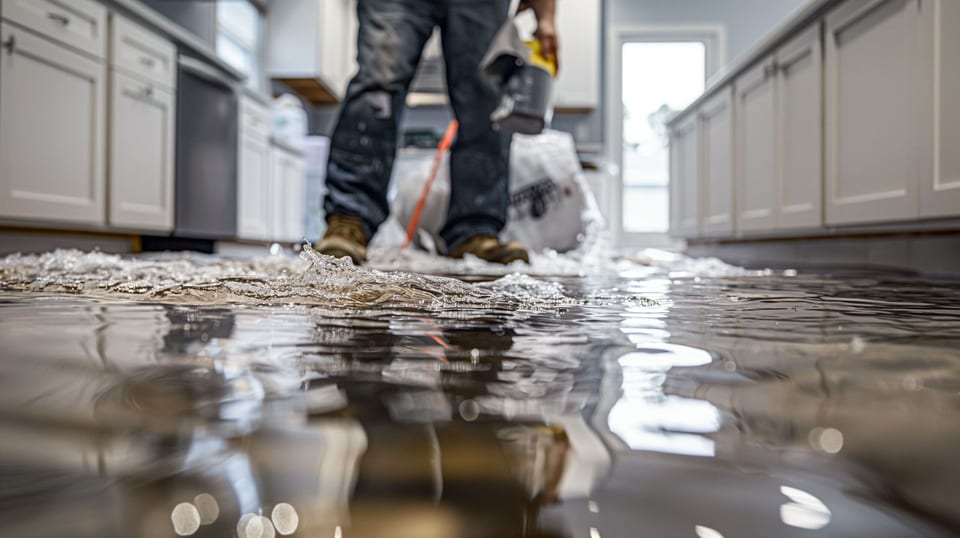 Technician in work boots walking through standing water on a flooded kitchen floor.
